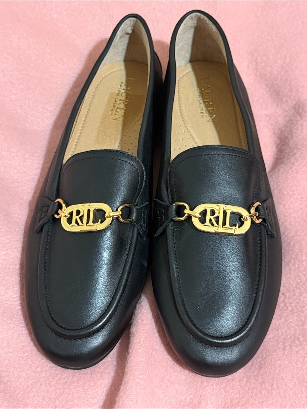 Ralph Lauren Black Leather Loafers with Gold RL Hardware
